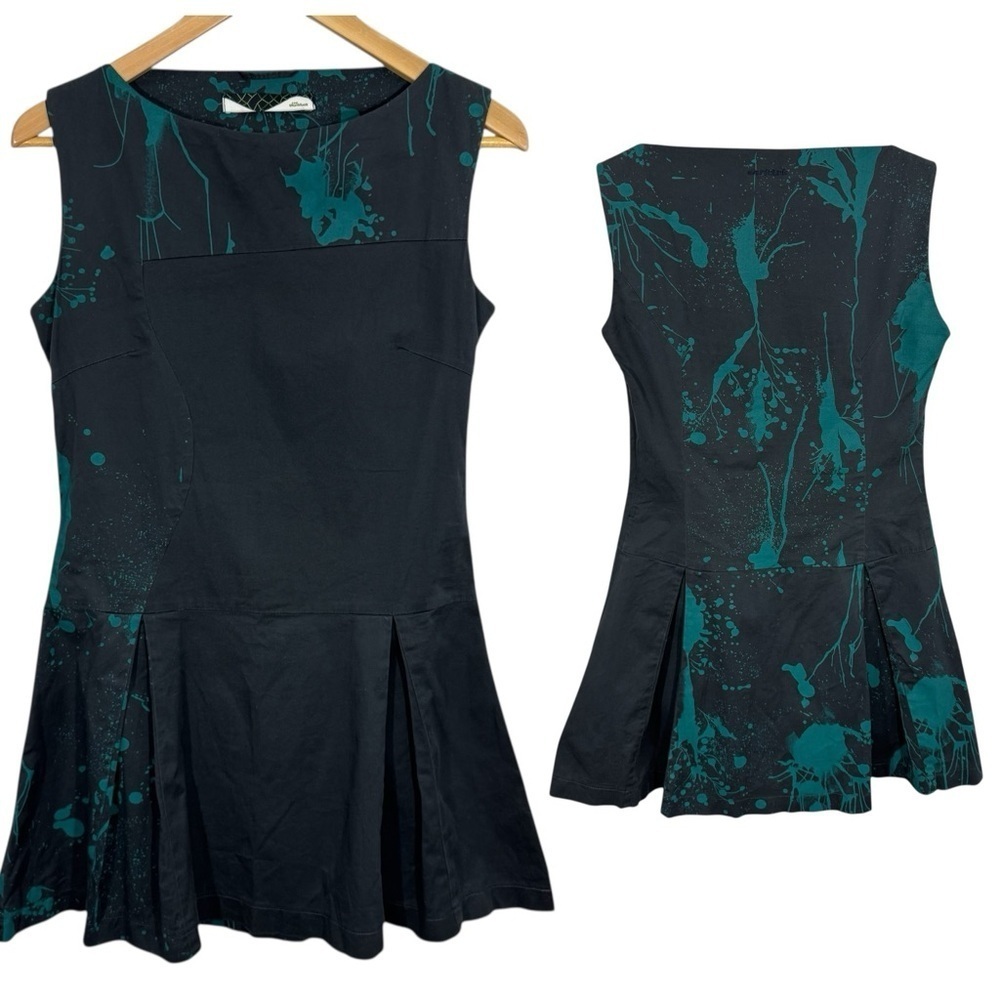 Skunkfunk Skater Dress Sz M Navy Teal Fitted Short Paint Splatter Grunge VGUC
